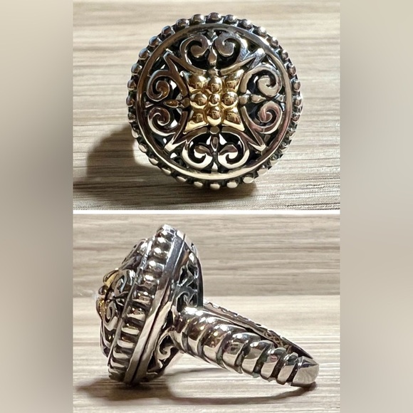 AE Jewelry - Designer Signed AE Sterling Silver & 14K Gold Open Work Ring, Size 7, 8.1g